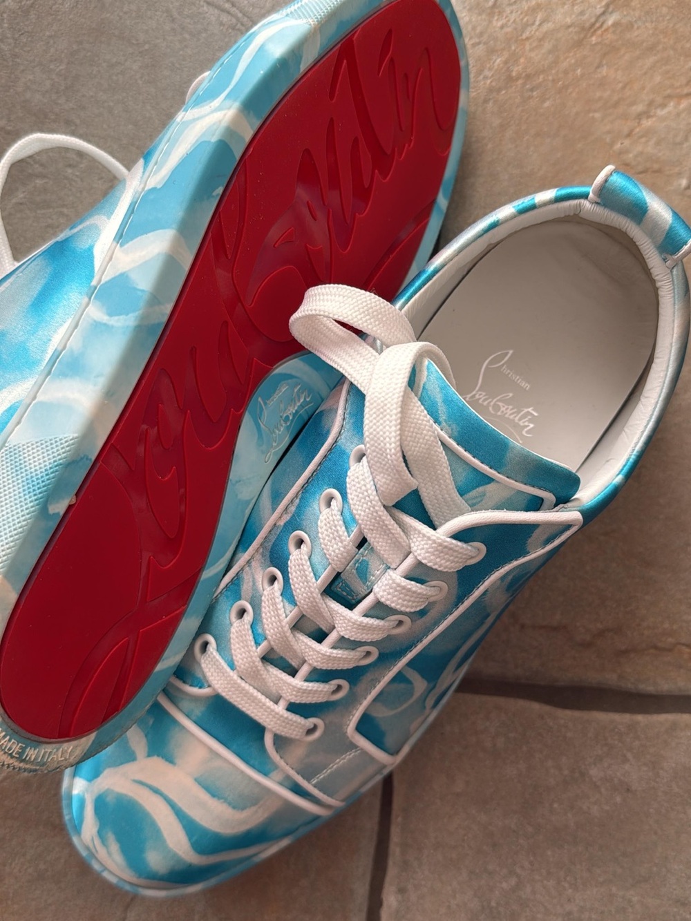 Christian Louboutin Blue & White Wave-Print Low-Top Sneakers with Red Soles